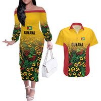 Custom Guyana Football Couples Matching Off The Shoulder Long Sleeve Dress and Hawaiian Shirt Spirit of the Jaguar - Yellow - Wonder Print Shop