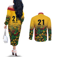 Custom Guyana Football Couples Matching Off The Shoulder Long Sleeve Dress and Long Sleeve Button Shirt Spirit of the Jaguar - Yellow - Wonder Print Shop