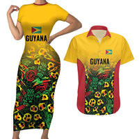 Custom Guyana Football Couples Matching Short Sleeve Bodycon Dress and Hawaiian Shirt Spirit of the Jaguar - Yellow - Wonder Print Shop