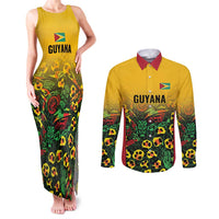 Custom Guyana Football Couples Matching Tank Maxi Dress and Long Sleeve Button Shirt Spirit of the Jaguar - Yellow - Wonder Print Shop