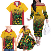 Custom Guyana Football Family Matching Off The Shoulder Long Sleeve Dress and Hawaiian Shirt Spirit of the Jaguar - Yellow - Wonder Print Shop
