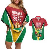 Custom Guyana Champions Reloaded 2025 Couples Matching Off Shoulder Short Dress and Hawaiian Shirt Caribbean Cricket Supporter Amazon Warriors - Wonder Print Shop