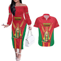 Custom Guyana Victory Run 2025 Couples Matching Off The Shoulder Long Sleeve Dress and Hawaiian Shirt Caribbean Cricket Supporter Amazon Warriors - Wonder Print Shop