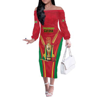 Custom Guyana Victory Run 2025 Off The Shoulder Long Sleeve Dress Caribbean Cricket Supporter Amazon Warriors - Wonder Print Shop
