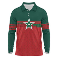 World Football 2026 Morocco Custom Long Sleeve Polo Shirt African Geometric Red Pattern - Wonder Print Shop