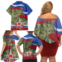 Russia Defender of The Fatherland Day Family Matching Off Shoulder Short Dress and Hawaiian Shirt