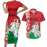 Republic of Belarus Couples Matching Short Sleeve Bodycon Dress and Hawaiian Shirt Pahonia Rushnyk Pattern