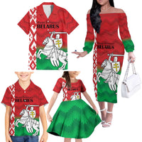 Republic of Belarus Family Matching Off The Shoulder Long Sleeve Dress and Hawaiian Shirt Pahonia Rushnyk Pattern