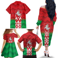 Republic of Belarus Family Matching Off The Shoulder Long Sleeve Dress and Hawaiian Shirt Pahonia Rushnyk Pattern