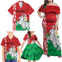 Republic of Belarus Family Matching Off Shoulder Maxi Dress and Hawaiian Shirt Pahonia Rushnyk Pattern