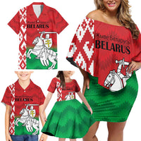 Republic of Belarus Family Matching Off Shoulder Short Dress and Hawaiian Shirt Pahonia Rushnyk Pattern