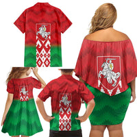 Republic of Belarus Family Matching Off Shoulder Short Dress and Hawaiian Shirt Pahonia Rushnyk Pattern