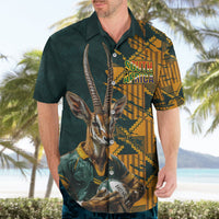 Green short-sleeve button-up Hawaiian shirt with springbok portrait and South Africa logo