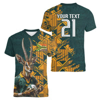 Custom South Africa Rugby Women V-Neck T-Shirt The Springboks Mascot Sporty Version - Wonder Print Shop