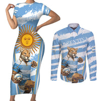 Custom Vamos Argentina Couples Matching Short Sleeve Bodycon Dress and Long Sleeve Button Shirt The Pumas Rugby Mascot Sporty Version LT9 - Wonder Print Shop
