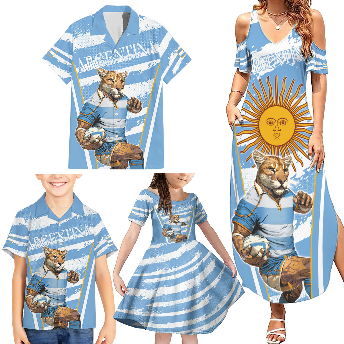 Custom Vamos Argentina Family Matching Summer Maxi Dress and Hawaiian Shirt The Pumas Rugby Mascot Sporty Version