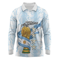 Argentina Campeones del Mundo 2026 Personalized Long Sleeve Polo Shirt Albiceleste Trophy Splash Art Soccer Champion