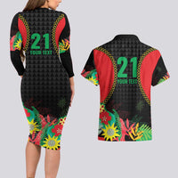 Custom Caribbean Cricket St Kitts and Nevis Couples Matching Long Sleeve Bodycon Dress and Hawaiian Shirt Two Islands One Fire Patriots Crown 2025 - Black - Wonder Print Shop