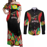 Custom Caribbean Cricket St Kitts and Nevis Couples Matching Off Shoulder Maxi Dress and Long Sleeve Button Shirt Two Islands One Fire Patriots Crown 2025 - Black - Wonder Print Shop