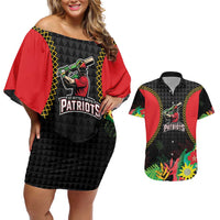Custom Caribbean Cricket St Kitts and Nevis Couples Matching Off Shoulder Short Dress and Hawaiian Shirt Two Islands One Fire Patriots Crown 2025 - Black - Wonder Print Shop