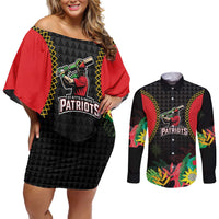 Custom Caribbean Cricket St Kitts and Nevis Couples Matching Off Shoulder Short Dress and Long Sleeve Button Shirt Two Islands One Fire Patriots Crown 2025 - Black - Wonder Print Shop