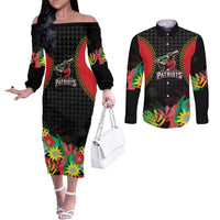 Custom Caribbean Cricket St Kitts and Nevis Couples Matching Off The Shoulder Long Sleeve Dress and Long Sleeve Button Shirt Two Islands One Fire Patriots Crown 2025 - Black - Wonder Print Shop