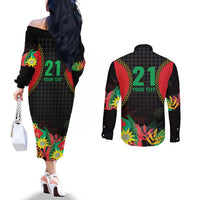 Custom Caribbean Cricket St Kitts and Nevis Couples Matching Off The Shoulder Long Sleeve Dress and Long Sleeve Button Shirt Two Islands One Fire Patriots Crown 2025 - Black - Wonder Print Shop