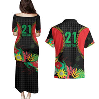 Custom Caribbean Cricket St Kitts and Nevis Couples Matching Puletasi and Hawaiian Shirt Two Islands One Fire Patriots Crown 2025 - Black - Wonder Print Shop