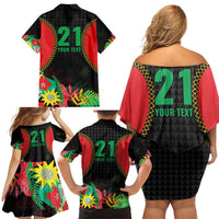 Custom Caribbean Cricket St Kitts and Nevis Family Matching Off Shoulder Short Dress and Hawaiian Shirt Two Islands One Fire Patriots Crown 2025 - Black - Wonder Print Shop