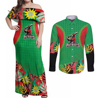 Custom Caribbean Cricket St Kitts and Nevis Couples Matching Off Shoulder Maxi Dress and Long Sleeve Button Shirt Two Islands One Fire Patriots Crown 2025 - Green - Wonder Print Shop