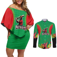 Custom Caribbean Cricket St Kitts and Nevis Couples Matching Off Shoulder Short Dress and Long Sleeve Button Shirt Two Islands One Fire Patriots Crown 2025 - Green - Wonder Print Shop