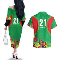 Custom Caribbean Cricket St Kitts and Nevis Couples Matching Off The Shoulder Long Sleeve Dress and Hawaiian Shirt Two Islands One Fire Patriots Crown 2025 - Green - Wonder Print Shop