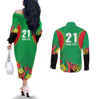 Custom Caribbean Cricket St Kitts and Nevis Couples Matching Off The Shoulder Long Sleeve Dress and Long Sleeve Button Shirt Two Islands One Fire Patriots Crown 2025 - Green - Wonder Print Shop
