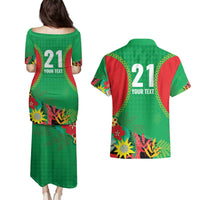 Custom Caribbean Cricket St Kitts and Nevis Couples Matching Puletasi and Hawaiian Shirt Two Islands One Fire Patriots Crown 2025 - Green - Wonder Print Shop