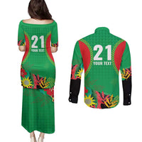 Custom Caribbean Cricket St Kitts and Nevis Couples Matching Puletasi and Long Sleeve Button Shirt Two Islands One Fire Patriots Crown 2025 - Green - Wonder Print Shop