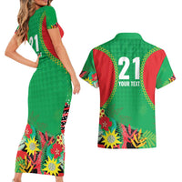 Custom Caribbean Cricket St Kitts and Nevis Couples Matching Short Sleeve Bodycon Dress and Hawaiian Shirt Two Islands One Fire Patriots Crown 2025 - Green - Wonder Print Shop