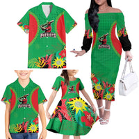 Custom Caribbean Cricket St Kitts and Nevis Family Matching Off The Shoulder Long Sleeve Dress and Hawaiian Shirt Two Islands One Fire Patriots Crown 2025 - Green - Wonder Print Shop