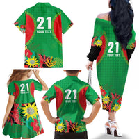 Custom Caribbean Cricket St Kitts and Nevis Family Matching Off The Shoulder Long Sleeve Dress and Hawaiian Shirt Two Islands One Fire Patriots Crown 2025 - Green - Wonder Print Shop