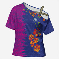 Custom Women’s Cricket Barbados Floral Series Cross Shoulder Shirt Blue Pink Pride of Barbados
