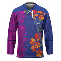Custom Women’s Cricket Barbados Floral Series Hockey Jersey Blue Pink Pride of Barbados