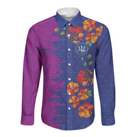Custom Women’s Cricket Barbados Floral Series Long Sleeve Button Shirt Blue Pink Pride of Barbados