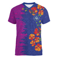 Custom Women’s Cricket Barbados Floral Series Women V-Neck T-Shirt Blue Pink Pride of Barbados