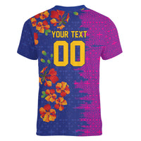 Custom Women’s Cricket Barbados Floral Series Women V-Neck T-Shirt Blue Pink Pride of Barbados