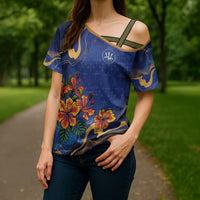 Custom Women’s Cricket Barbados Floral Series Cross Shoulder Shirt Royal Blue Pride of Barbados