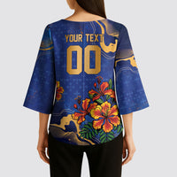 Custom Women’s Cricket Barbados Floral Series Kimono Sleeve Blouse Royal Blue Pride of Barbados