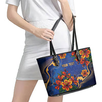 Custom Women’s Cricket Barbados Floral Series Leather Tote Bag Royal Blue Pride of Barbados