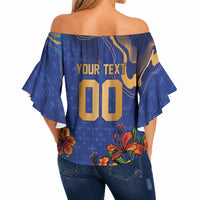 Custom Women’s Cricket Barbados Floral Series Off Shoulder Wrap Waist Top Royal Blue Pride of Barbados