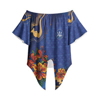 Custom Women’s Cricket Barbados Floral Series Off Shoulder Wrap Waist Top Royal Blue Pride of Barbados