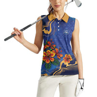 Custom Women’s Cricket Barbados Floral Series Women Sleeveless Polo Shirt Royal Blue Pride of Barbados
