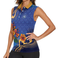Custom Women’s Cricket Barbados Floral Series Women Sleeveless Polo Shirt Royal Blue Pride of Barbados